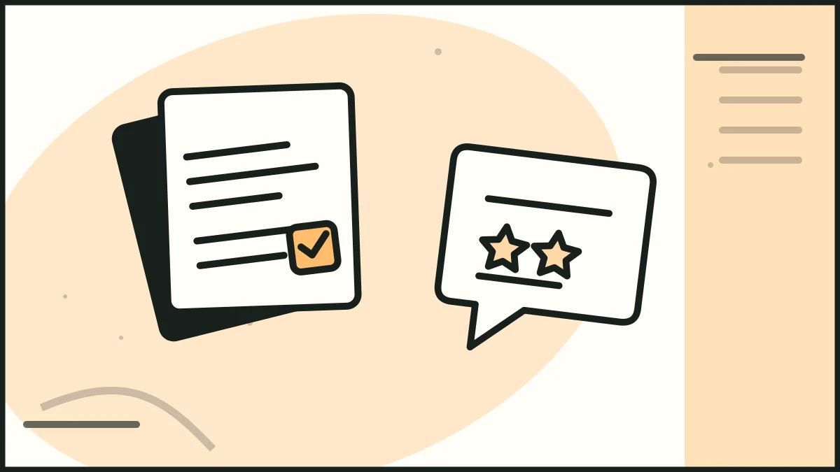 Checked proposal sheets beside starred review cards, illustrating decision tools.