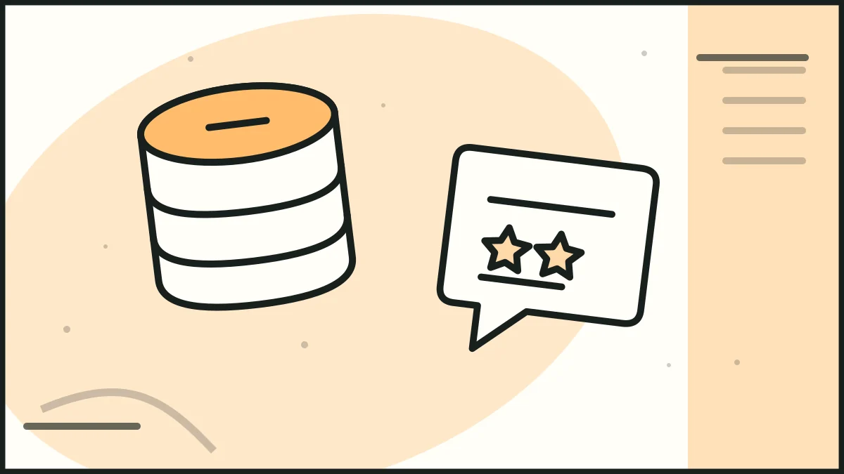A layered database beside starred review cards, illustrating review literacy.